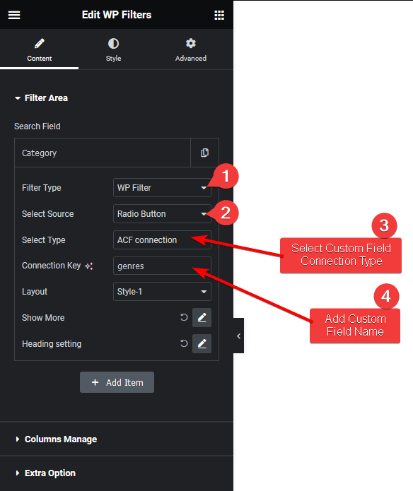 wp search filters radiobutton acf connection cpt