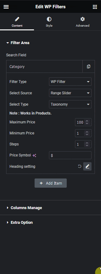 wp search filters range slider