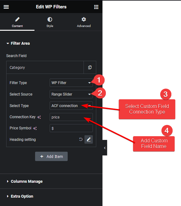 wp search filters rangeslider acf connection cpt