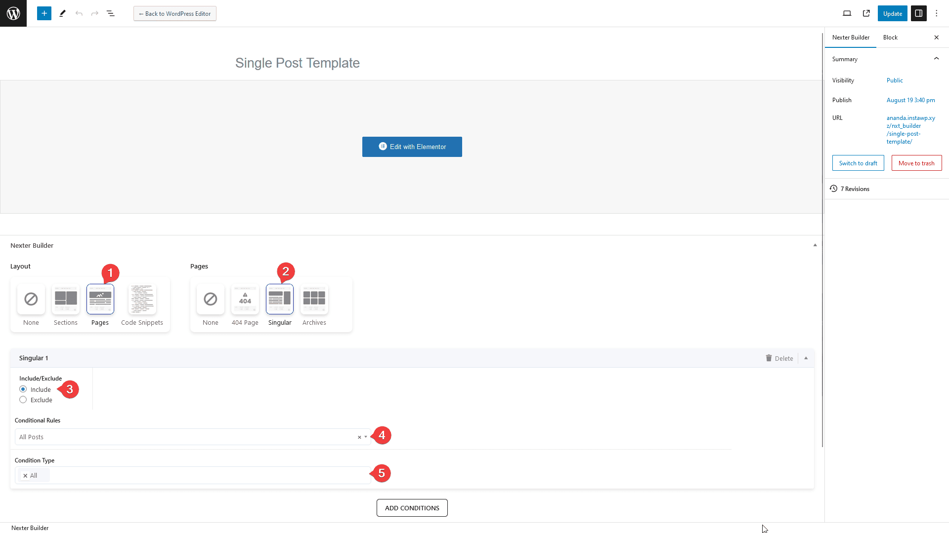 nexter single post template settings