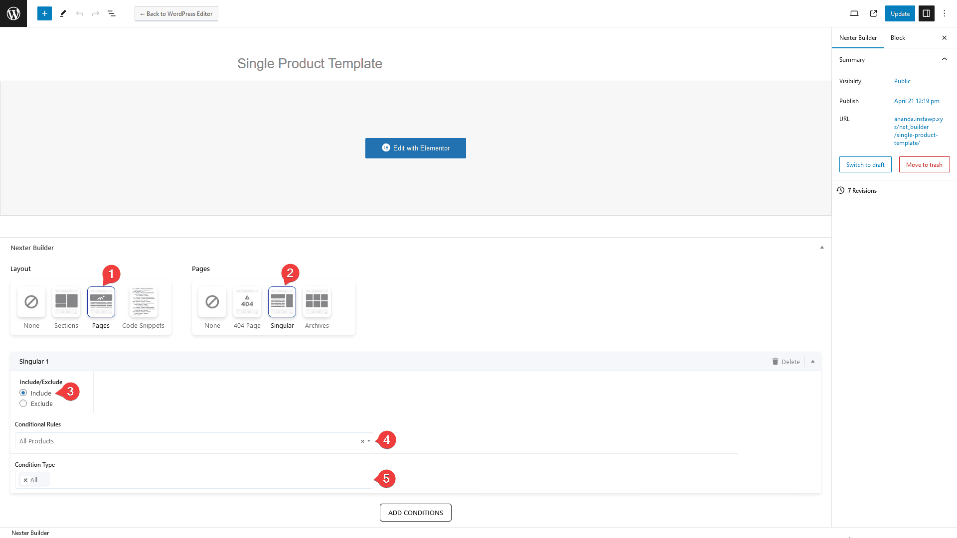 nexter single product template settings