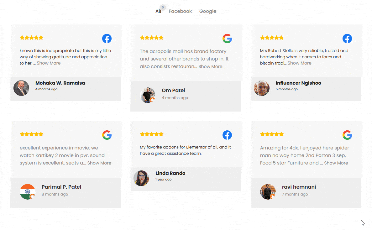 social reviews category filter demo