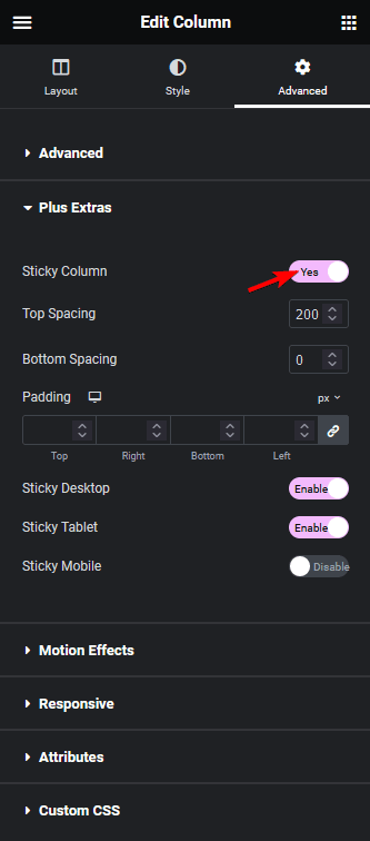 sticky column options