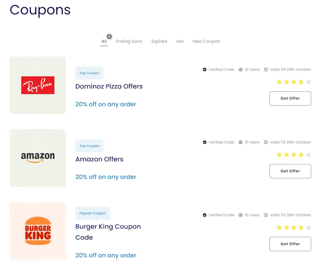 dynamic coupon code listing