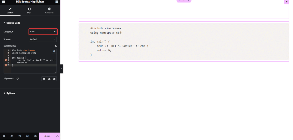 C++ Code in Syntax Highlighter