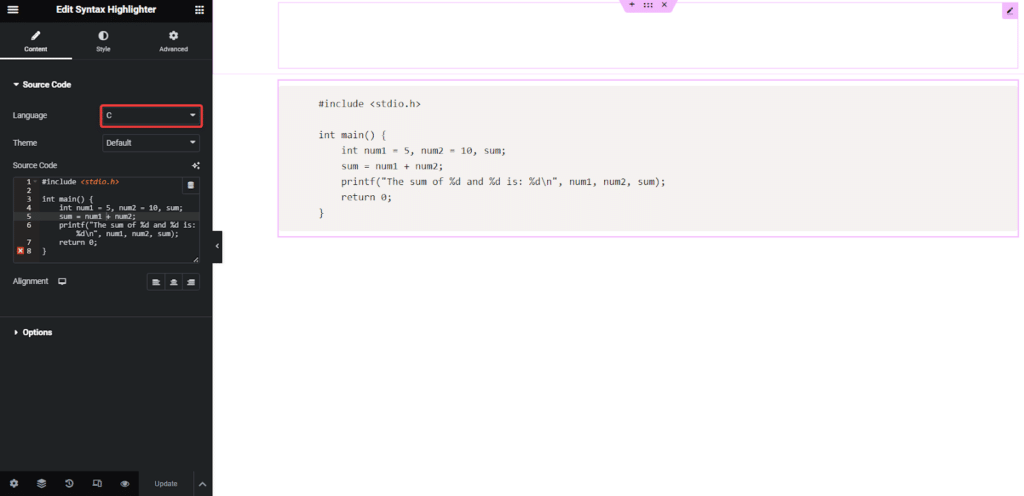 C Language Code in Syntax Highlighter