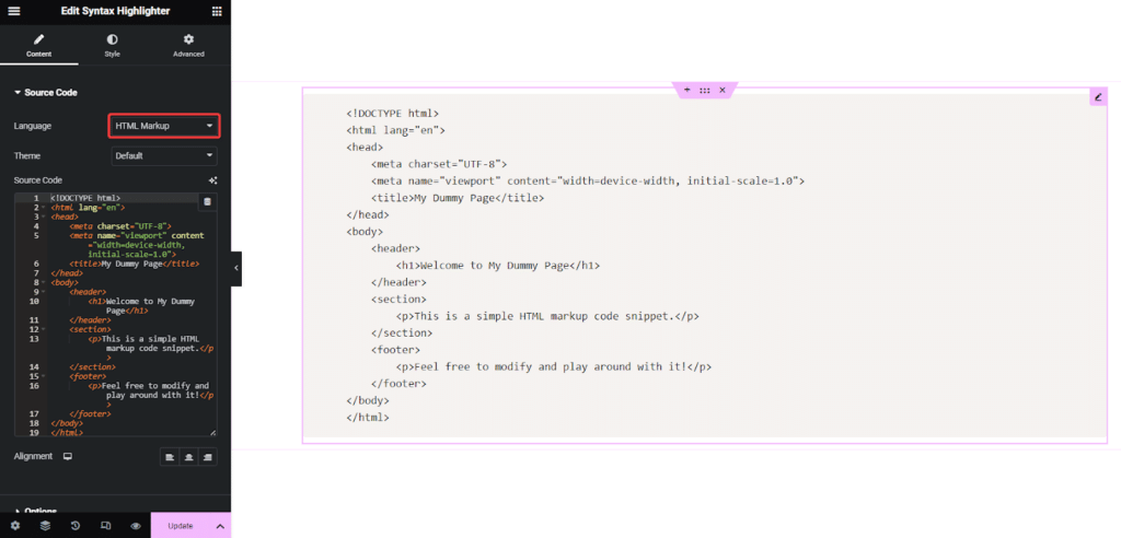 HTML Code in Syntax Highlighter