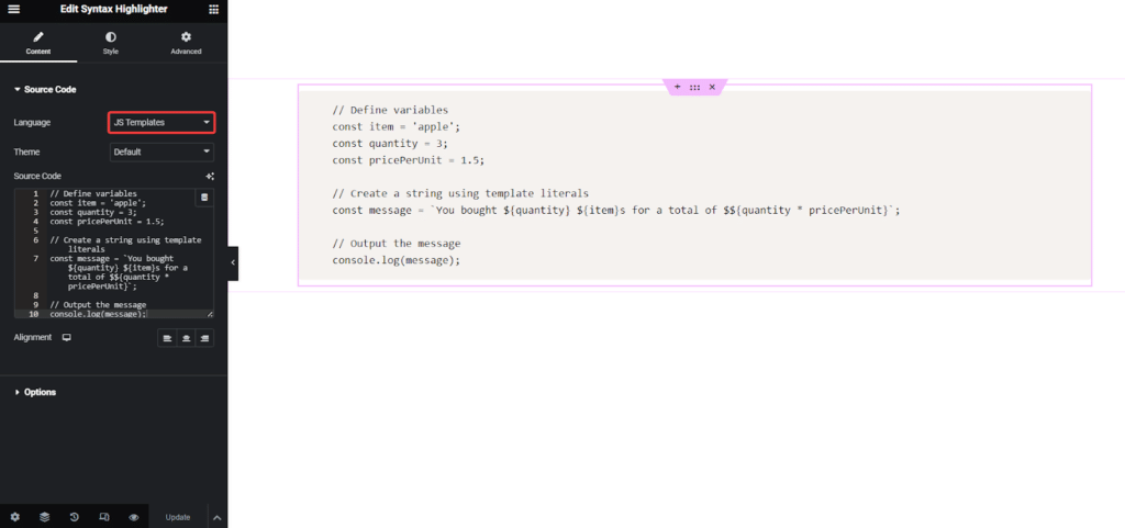 JS Templates Code in Syntax Highlighter