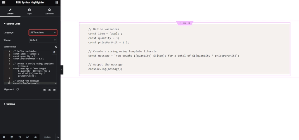 JS Templates Code in Syntax Highlighter