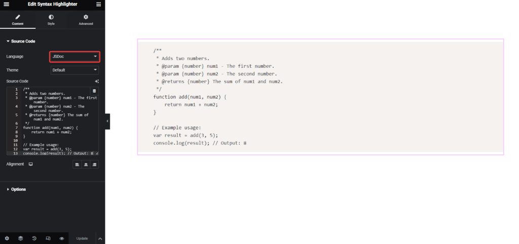 JSDoc Code in Syntax Highlighter