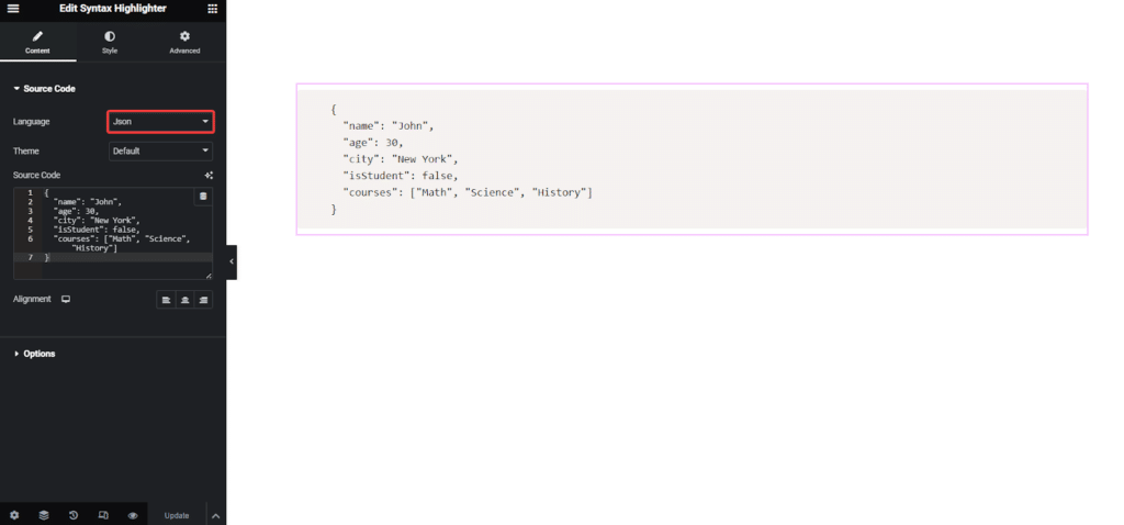 JSON Code in Syntax Highlighter