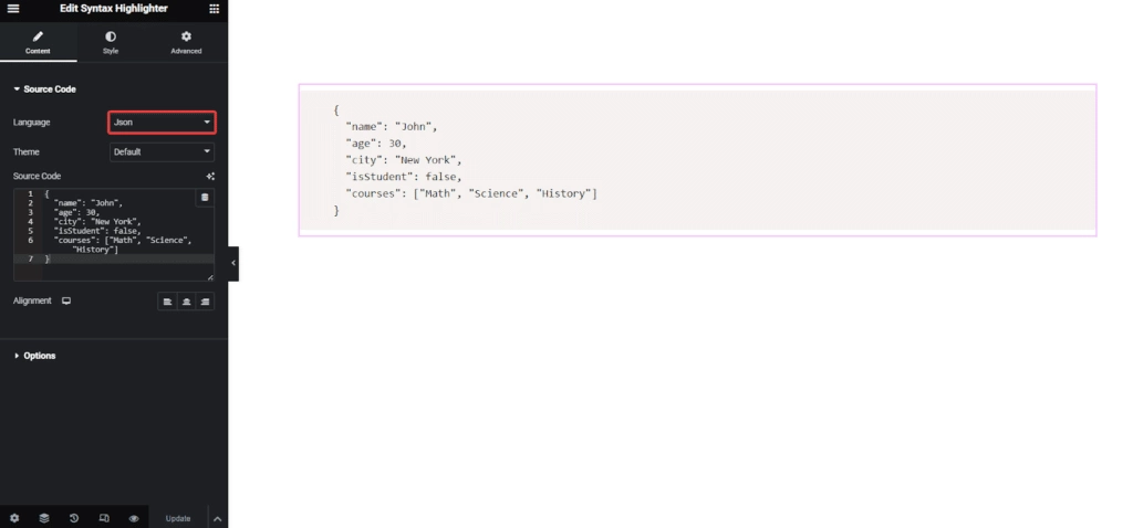 JSON Code in Syntax Highlighter