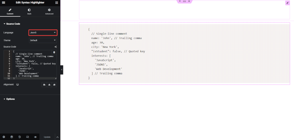 JSON5 Code in Syntax Highlighter