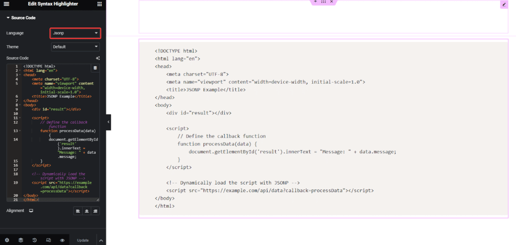 JSONP Code in Syntax Highlighter