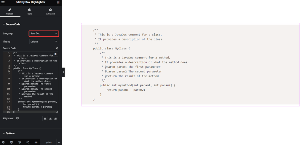 Java Doc Code in Syntax Highlighter