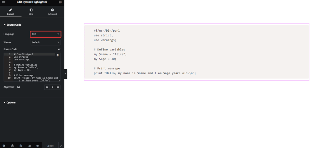 Perl Code in Syntax Highlighter