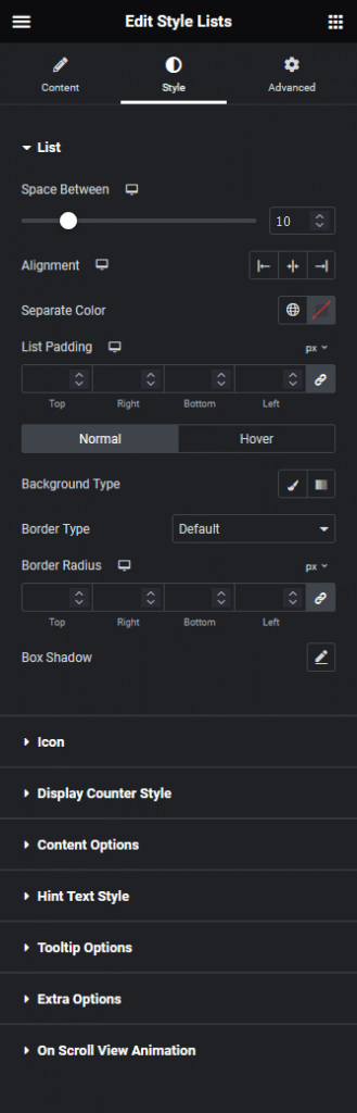 Style Lists style settings