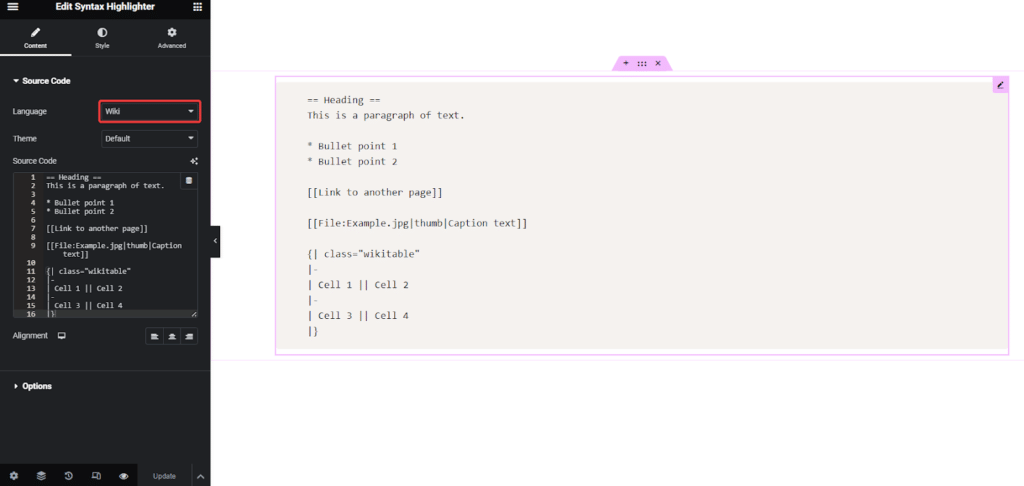 Wiki in Syntax Highlighter