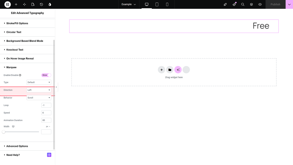 Elementor editor with the Marquee Direction and Behavior dropdowns shown