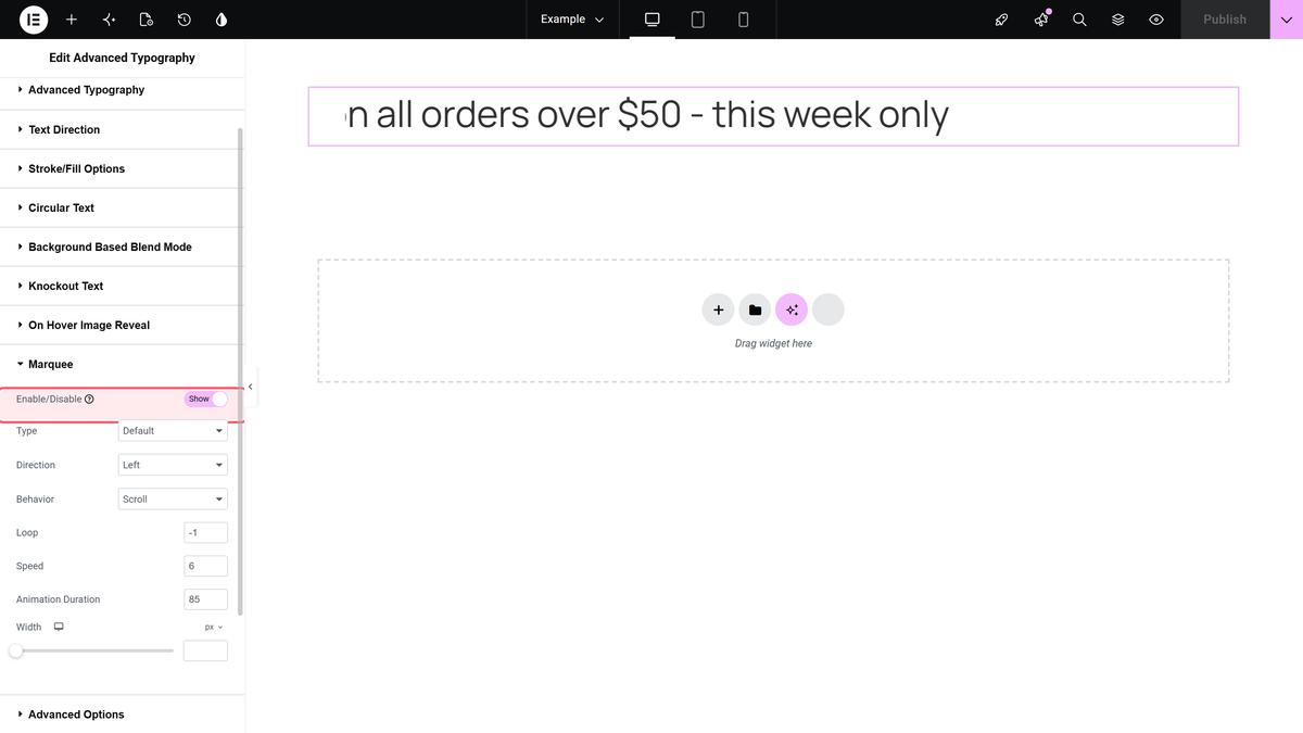 Elementor editor with the Marquee Enable/Disable toggle switched on