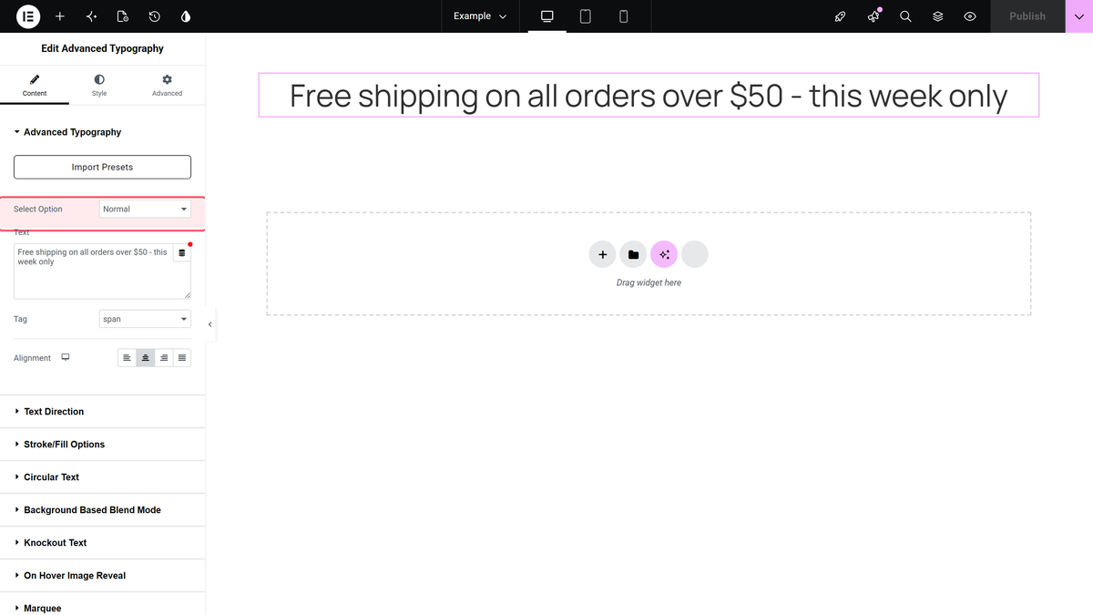 Elementor editor with the Advanced Typography Select Option dropdown highlighted