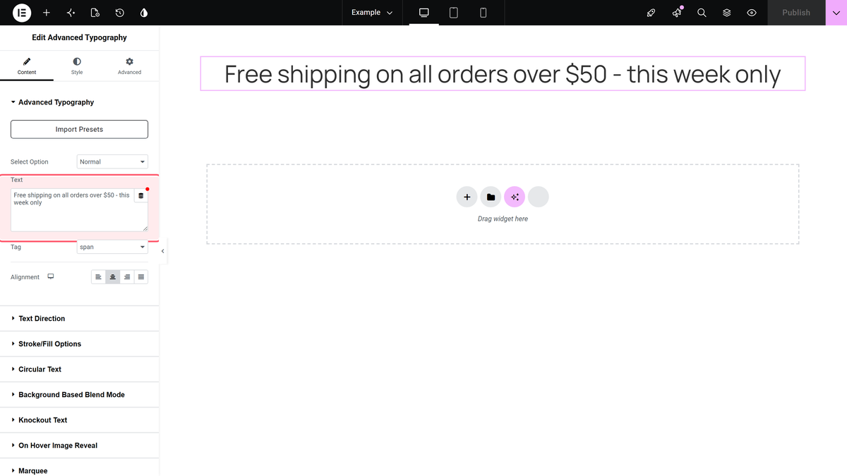 Elementor editor with the Advanced Typography Text field highlighted and the text shown on the canvas