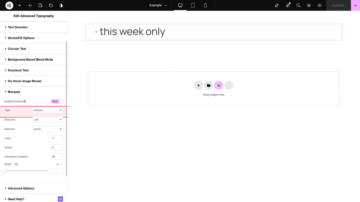 Elementor editor with the Marquee Type dropdown highlighted