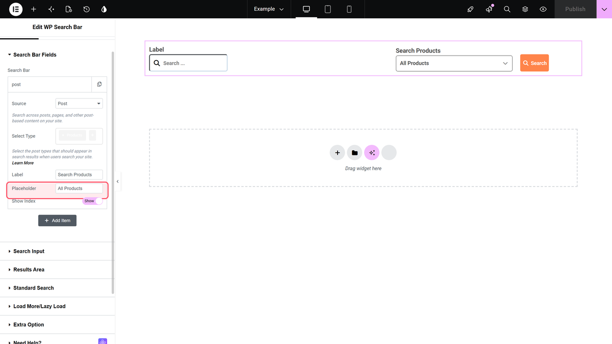 Elementor editor with the search dropdown Placeholder field highlighted