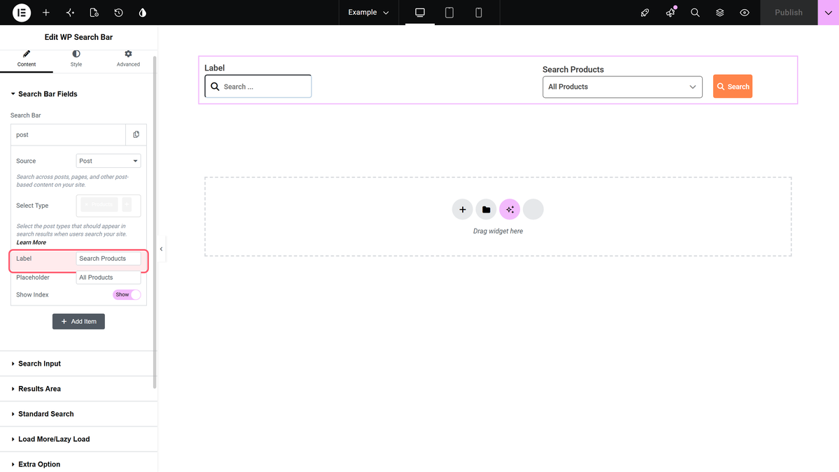 Elementor editor with the search dropdown Label field highlighted