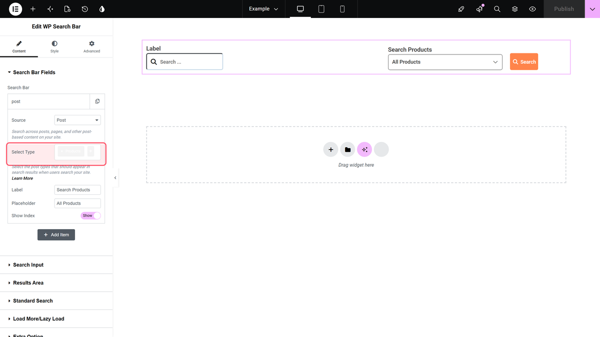 Elementor editor with Select Type set to Products and the search bar rendered on the canvas