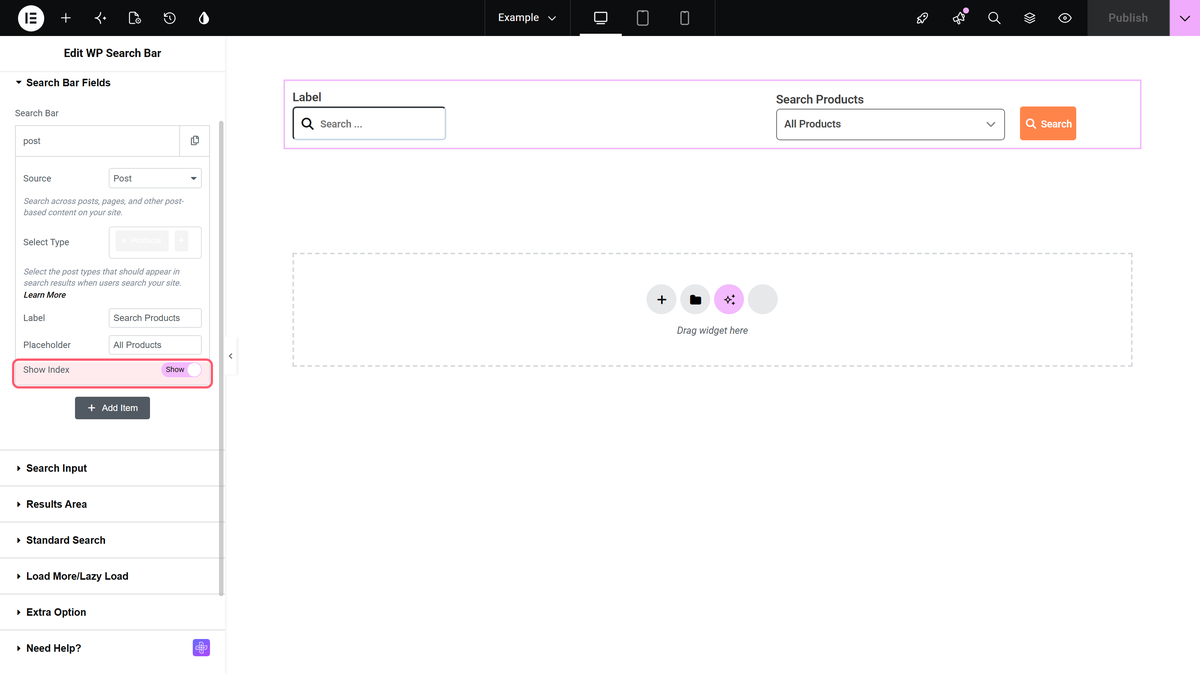 Elementor editor with the Show Index toggle highlighted