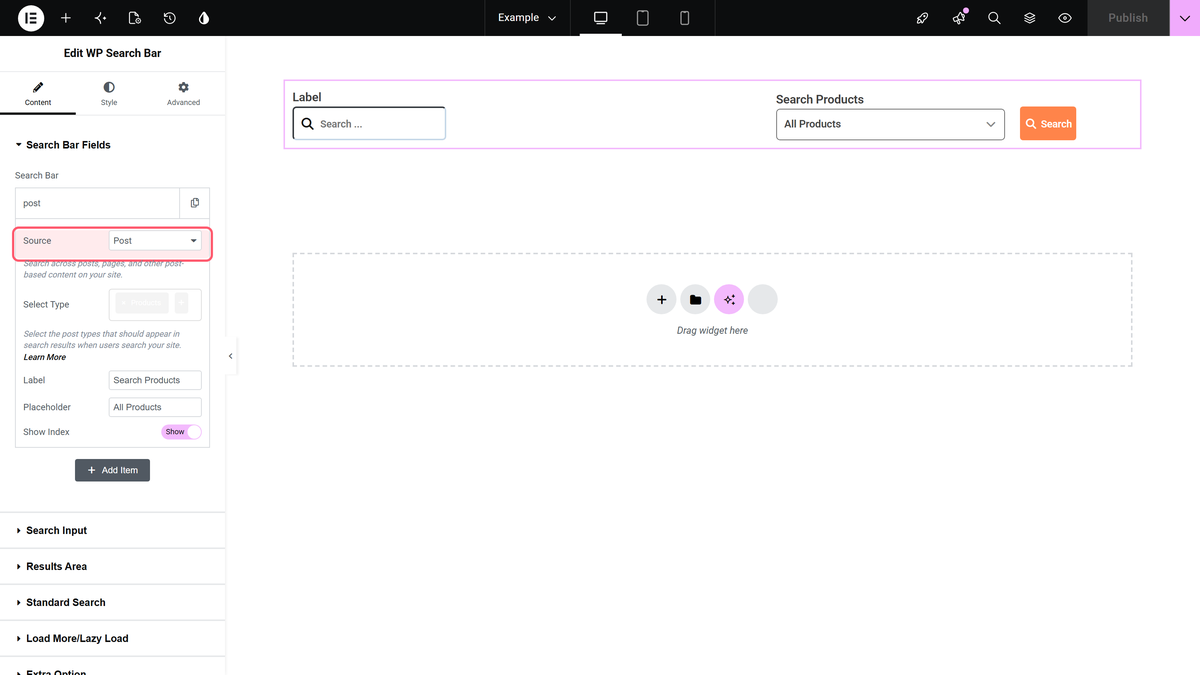 Elementor editor with the WP Search Bar Source dropdown set to Post